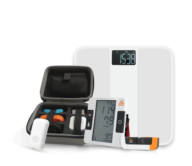 Dario Health devices including MSK sensor and bands, Blood pressure monitor, blood glucose level monitor and Dario weighing scale